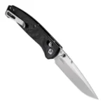 Hogue Mysto Folder Knife, open angled view with silver blade and black patterned handle