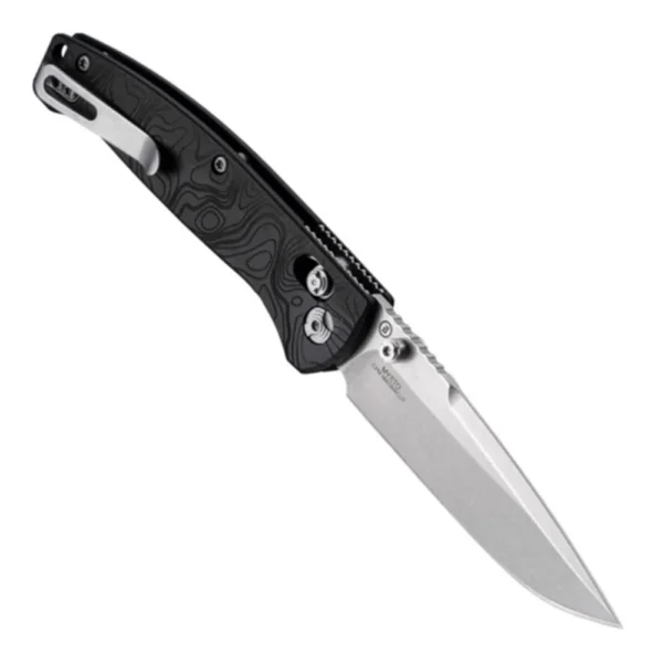 Hogue Mysto Folder Knife, open angled view with silver blade and black patterned handle