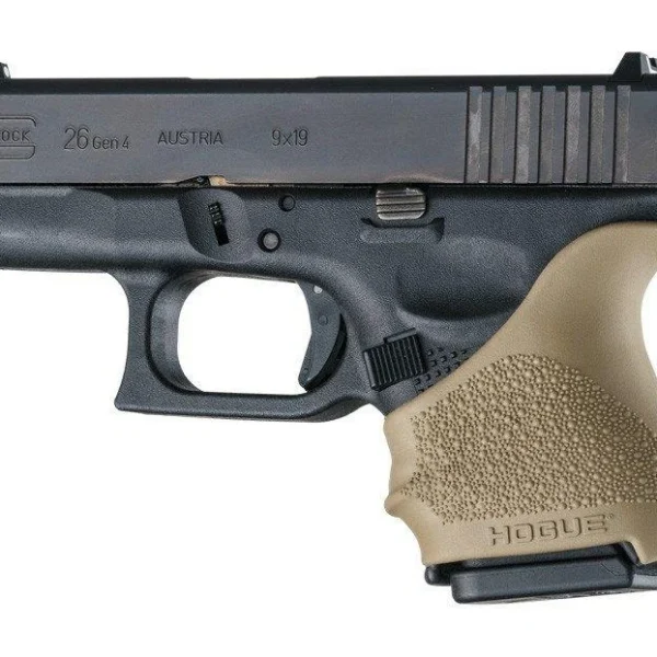Hogue HandAll Beavertail Grip Sleeve Glock 26/27 in flat dark earth, fitted on pistol, left view