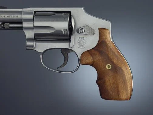 Hogue Grips S&W J Frame Round Butt Bantam Grip, brown wood grip shown fitted to a silver revolver