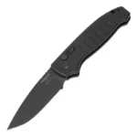 Hogue Ballista I Automatic Folder Knife, open angled view with black handle and drop-point blade