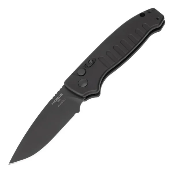 Hogue Ballista I Automatic Folder Knife, open angled view with black handle and drop-point blade