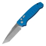 Hogue Ballista I automatic folder knife, open side view with blue handle and silver tanto blade