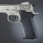 Hogue Grips S&W 5906 Rubber Grip, black textured grip mounted on a silver handgun
