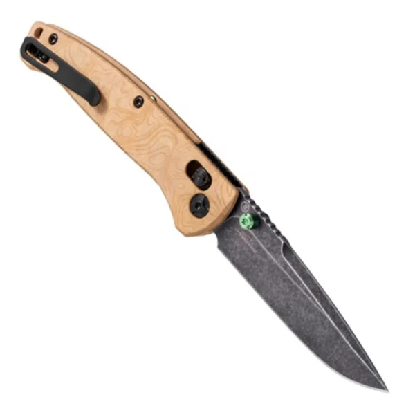 Hogue Mysto Folder Knife, open angled view with dark blade and light wood handle