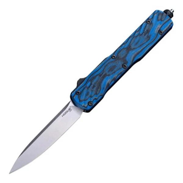 Hogue Counterstrike OTF Automatic Knife, open angled view with silver blade and blue patterned handle