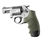 Hogue Overmolded Rubber Full Size Monogrip, OD green, left-side view on silver revolver