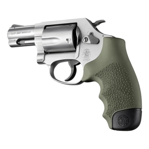 Hogue Overmolded Rubber Full Size Monogrip, OD green, left-side view on silver revolver