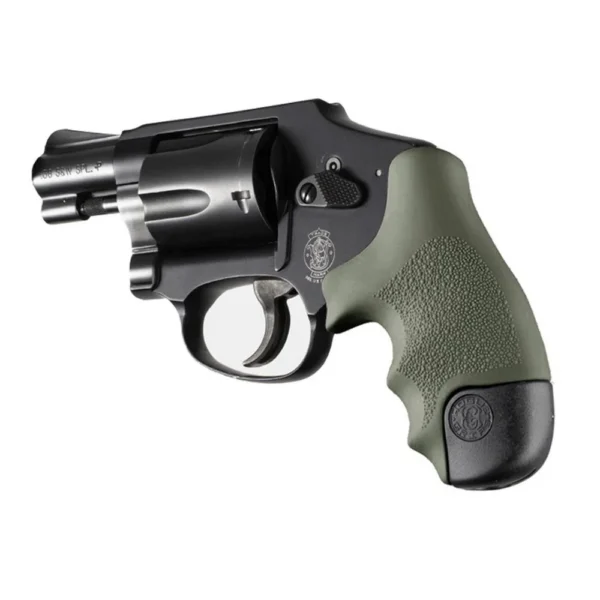 Hogue Overmolded Rubber Tamer Grip, OD green, left-side view on black revolver with butt cap