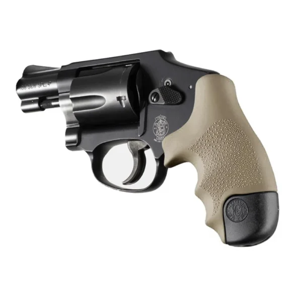 Hogue Overmolded Rubber Tamer Grip, FDE, left-side view on black revolver with black butt cap