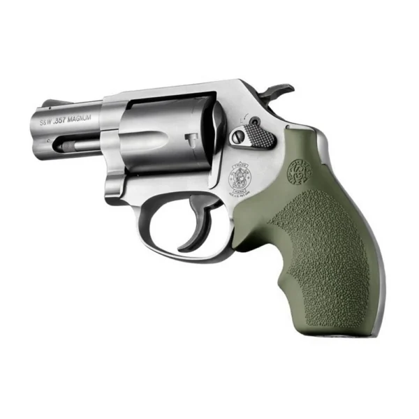 Hogue Overmolded Rubber Bantam Grip, OD green, left-side view on silver revolver