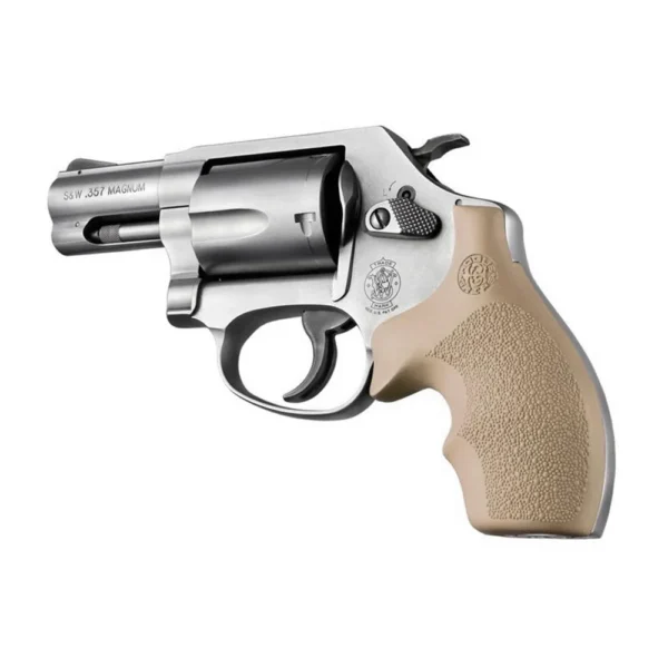 Hogue Overmolded Rubber Bantam Grip, FDE, left-side view on silver revolver