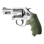 Hogue Overmolded Rubber Bantam Grip Closed Backstrap, OD green, left side on silver revolver