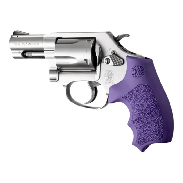 Hogue Overmolded Rubber Bantam Grip Closed Backstrap, purple, left side on silver revolver
