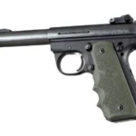 Hogue Ruger 22/45 RP Rubber Grip, OD green finger-groove grip mounted on a black pistol