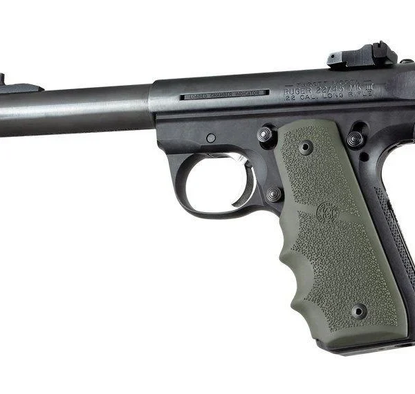 Hogue Ruger 22/45 RP Rubber Grip, OD green finger-groove grip mounted on a black pistol