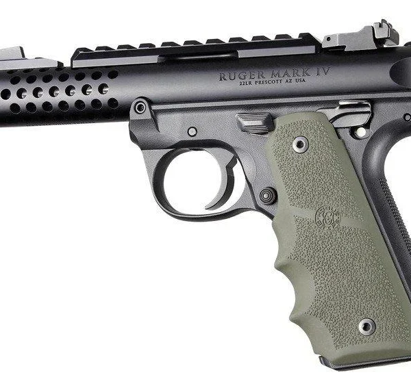 Hogue Inc. Ruger 22/45 MKIV Rubber Grip, OD green with finger grooves, mounted right-side view