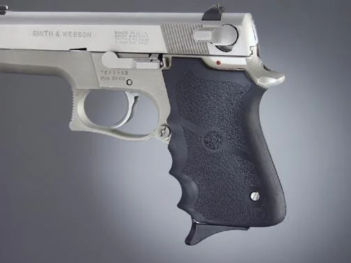 Hogue S&W 6906 Shorty 40 Rubber Grips, black, right-side view installed with finger grooves