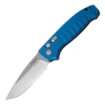 Hogue Ballista I Automated Folder Knife, open side view with blue handle and silver drop-point blade