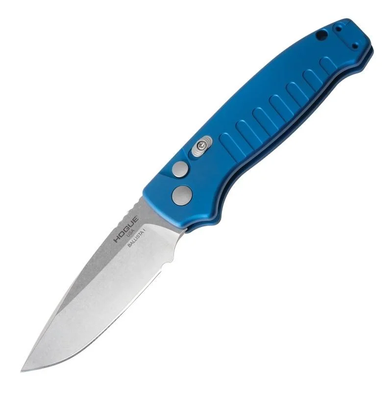 primary-40522 Hogue Ballista I Automated Folder Knife, open side view with blue handle and silver drop-point blade