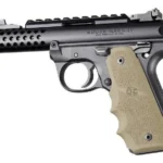 Hogue Ruger 22/45 MKIV Rubber Grip in flat dark earth, right-side view installed on black pistol