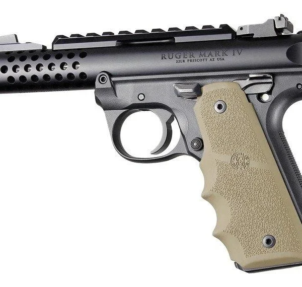Hogue Ruger 22/45 MKIV Rubber Grip in flat dark earth, right-side view installed on black pistol