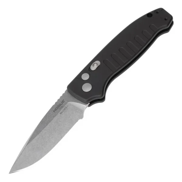 Hogue Ballista I Automated Folder Knife, open angled view with black handle and silver blade