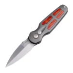 Hogue Ballista II Automatic Folder Knife, open with silver blade and grey handle with wood inserts