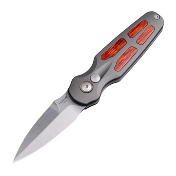 Hogue Ballista II Automatic Folder Knife, open with silver blade and grey handle with wood inserts