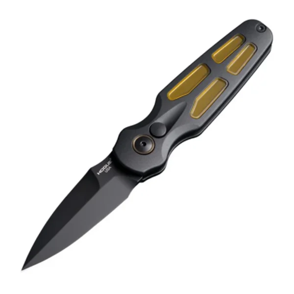 Hogue Ballista II Automatic Folder Knife, open with black blade and handle with amber inserts