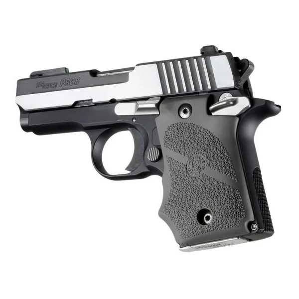 Hogue Rubber Handgun Grips with Finger Grooves, slate grey grip mounted on pistol, side view