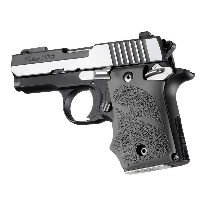 primary-40531 Hogue Rubber Handgun Grips with Finger Grooves, slate grey grip mounted on pistol, side view
