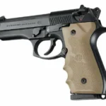 Hogue Beretta 92/96 Rubber Grip in flat dark earth, installed on a black pistol, left-side view