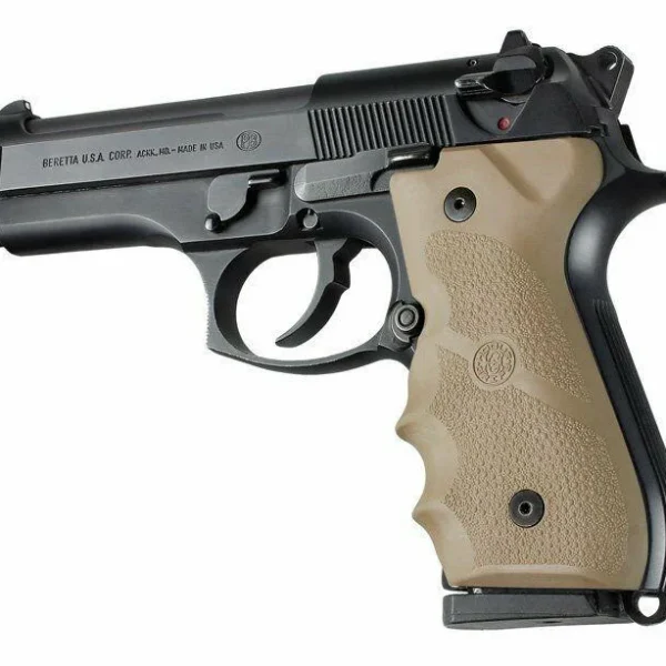 Hogue Beretta 92/96 Rubber Grip in flat dark earth, installed on a black pistol, left-side view