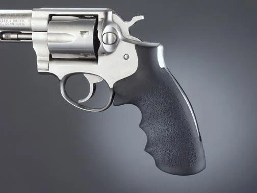 Hogue Ruger Speed-Six Rubber Monogrip, black grip on silver revolver in right-side view