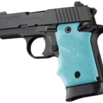 Hogue Rubber Grip with Finger Grooves for SIG Sauer P938 Ambi Safety-Aqua on pistol, right side