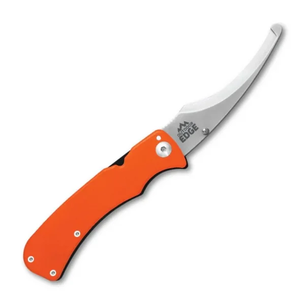 Outdoor Edge Zip-Pro Folding Gutting Knife, right-side view with orange handle and curved silver blade