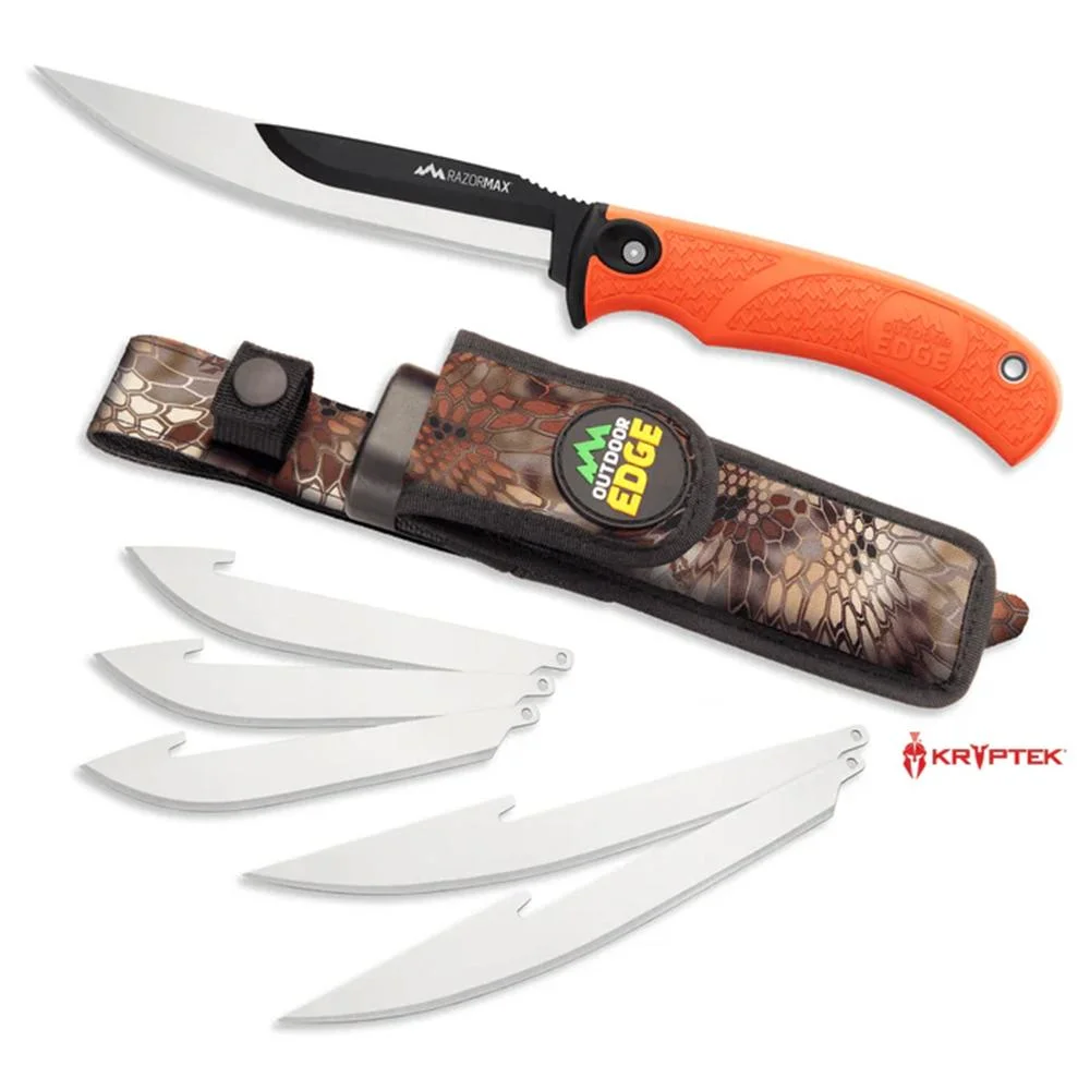 primary-40540 Outdoor Edge Razormax Replaceable Fixed Knife, orange handle, sheath and four spare blades