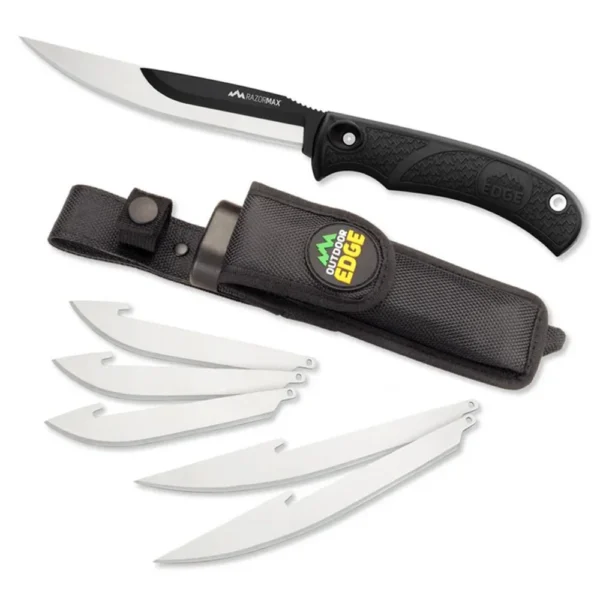 Outdoor Edge RazorMax black fixed knife with sheath and six silver replacement blades
