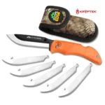 Outdoor Edge RazorPro L orange folding knife open with sheath and five silver replacement blades