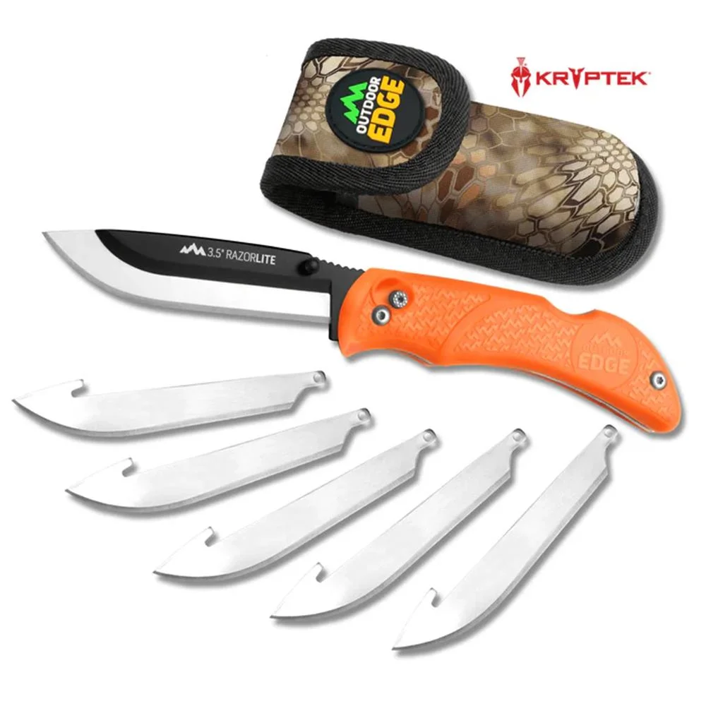 primary-40542 Outdoor Edge RazorPro L orange folding knife open with sheath and five silver replacement blades