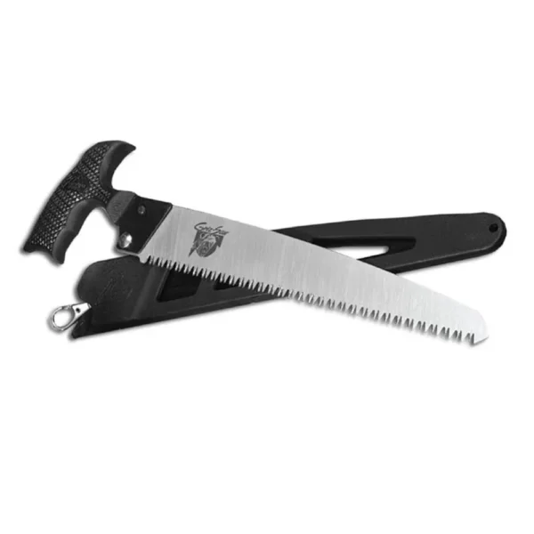 Outdoor Edge Griz Saw T-Saw black handled saw with silver blade and black sheath