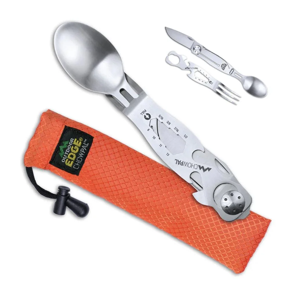 primary-40544 Outdoor Edge Chowpal silver folding camp utensil and multi-tool with spoon and orange pouch