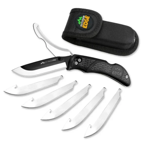 Outdoor Edge RazorPro G black folding knife with two open blades, replacement blades and black sheath