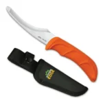 Outdoor Edge ZipBlade, right-side view with hooked silver blade, orange handle and black sheath