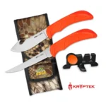 Outdoor Edge WildBone, two orange-handled knives, sharpener and camouflage sheath