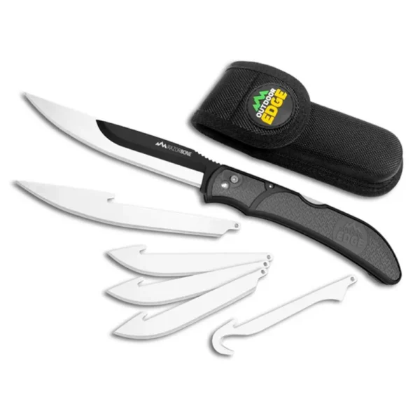 Outdoor Edge RazorBone, open black folding knife with assorted silver replacement blades and sheath