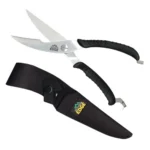 Outdoor Edge Game Shears open with silver blades, black handles and black sheath