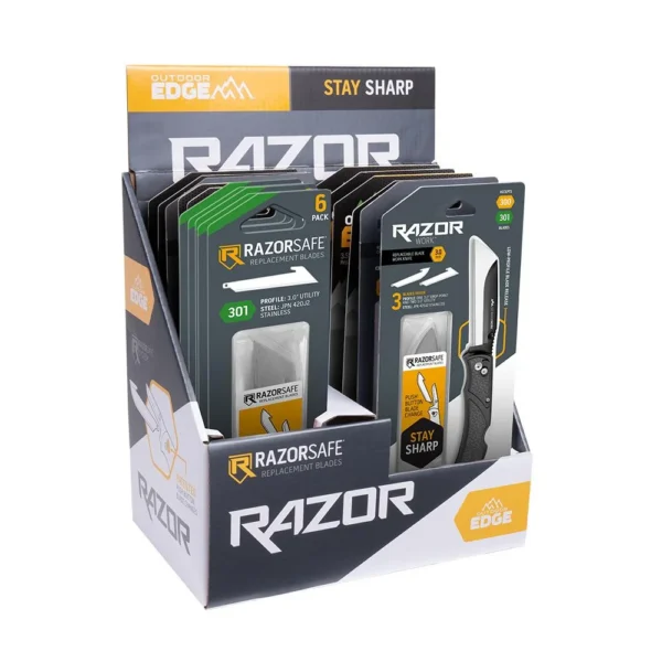Outdoor Edge Razor Work Knife, front view of retail display holding packaged knives