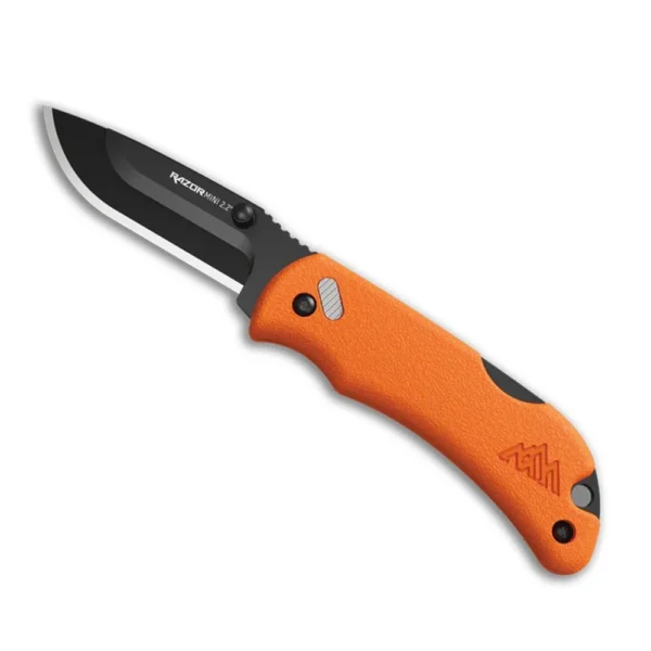 Outdoor Edge RazorMini orange folding knife open, left side view with black drop point blade